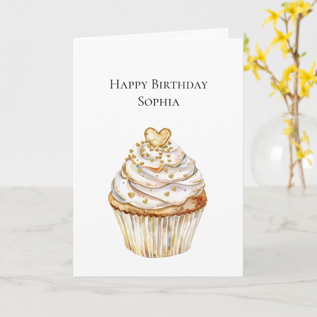 Gold Hearts Cupcake Birthday Card (Yellow Flower)