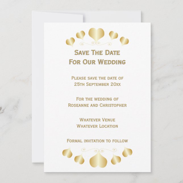 Gold Hearts Design Wedding Save The Date (Front)