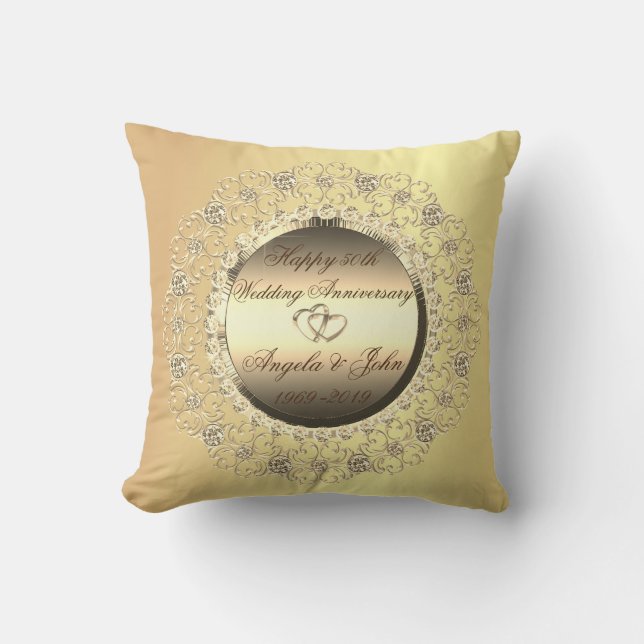 Gold Hearts Diamonds 50th Wedding Anniversary Cushion (Front)