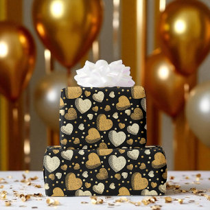Gold Hearts, Elegant Black, Luxe Celebration Wrapping Paper