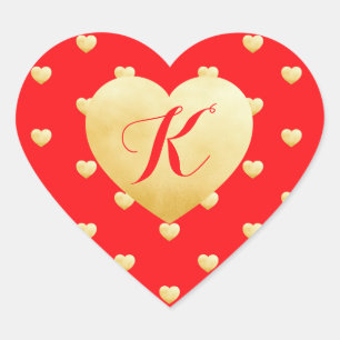 Gold Hearts Faux Foil Pattern on Red Monogram Heart Sticker