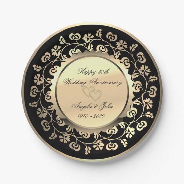 Gold Hearts Floral 50th Wedding Anniversar Paper Plate (Front)