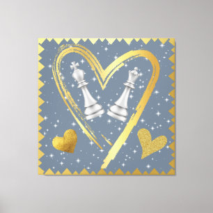 Gold Hearts King and Queen Chess Pieces on Grey Canvas Print