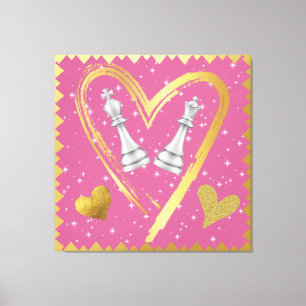Gold Hearts King and Queen Chess Pieces on Plum Canvas Print