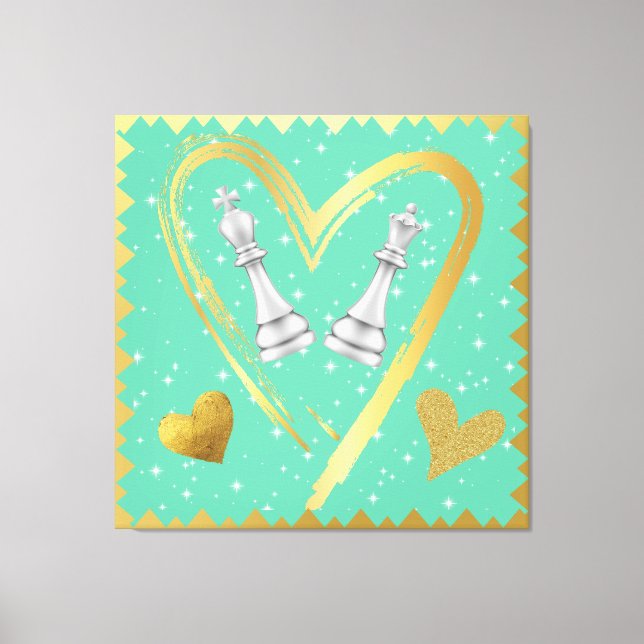 Gold Hearts King and Queen Chess Pieces on Sage | Canvas Print (Front)