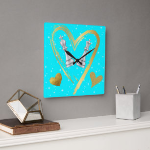 Gold Hearts King and Queen Chess Pieces on Turq Square Wall Clock