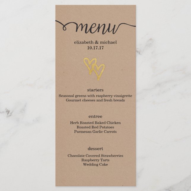 Gold Hearts Kraft Wedding Menu (Front)