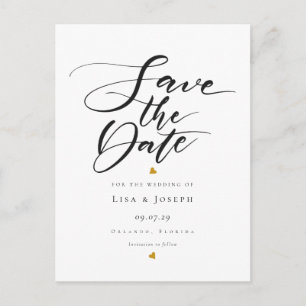 Gold Hearts Minimalist Black and White Script Save Announcement Postcard