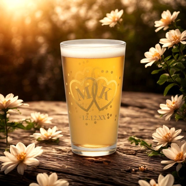 Gold Hearts Monogram Wedding Anniversary Glass (Celebrate your anniversary in the form of this glass. You can add your initials and wedding)