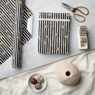Gold Hearts On Black And White Stripes  Wrapping Paper