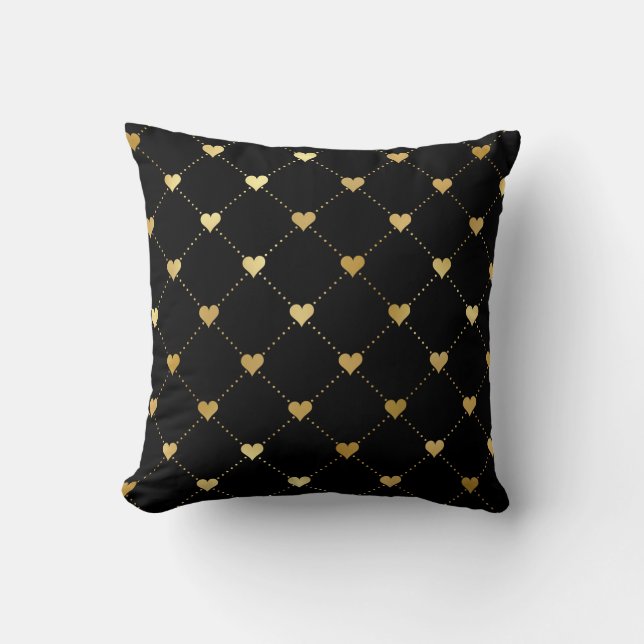 Gold Hearts on Black Classy Romantic Pattern  Cushion (Front)