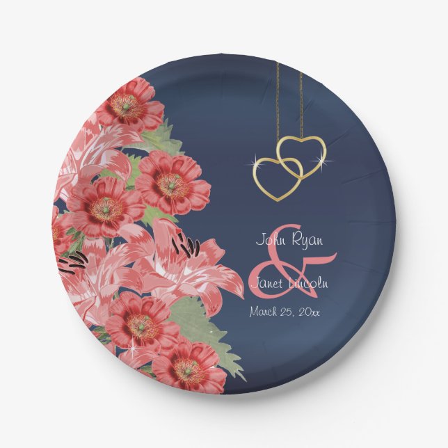 Gold Hearts on Coral & Navy Satin Paper Plate (Front)