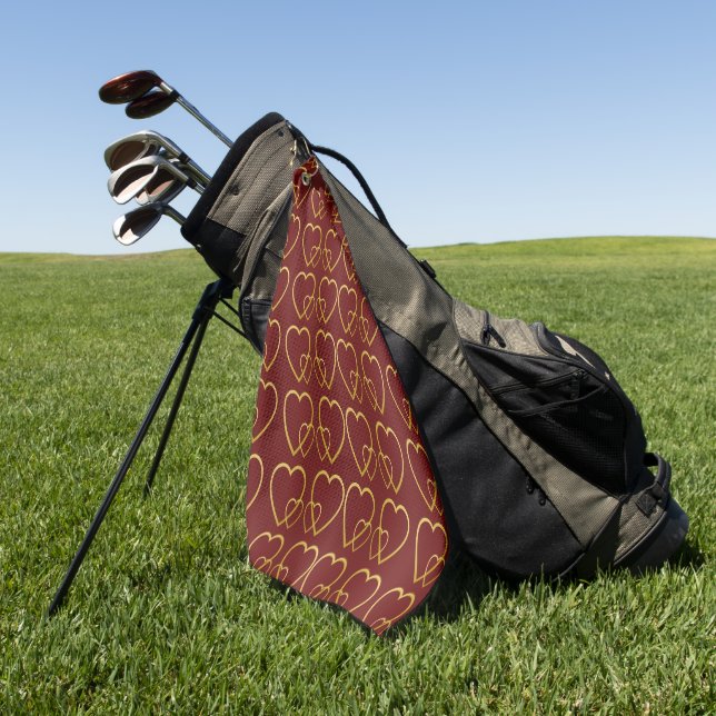 Gold hearts on maroon golf towel (Green)