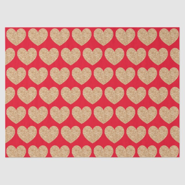 Gold Hearts On Red Background Tissue Paper (Front)