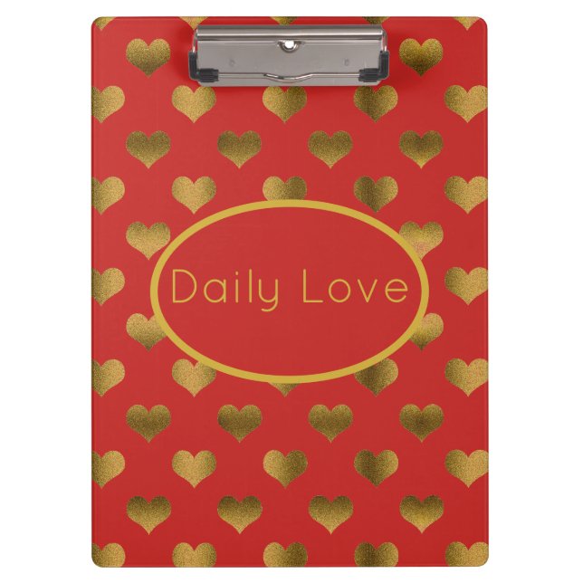 Gold Hearts on Red Customisable Clipboard (Front)