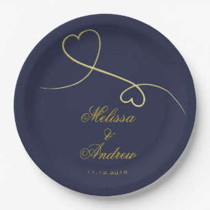 Gold Hearts Ornament   Navy Blue Wedding Paper Plate