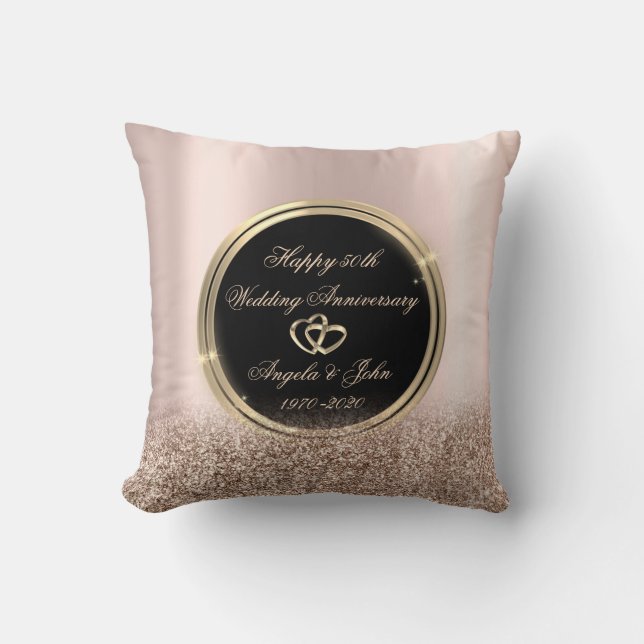 Gold Hearts Rose Gold Glitter 50th Anniversary Cushion (Front)