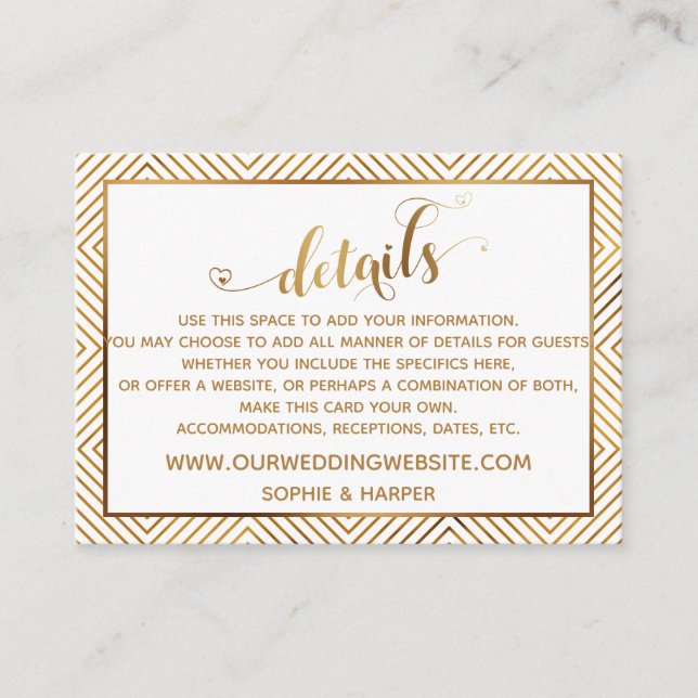 Gold Hearts Script Diamonds Wedding Details, White Enclosure Card (Front)