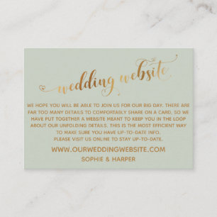 Gold Hearts Script on Sage Green Wedding Website Enclosure Card