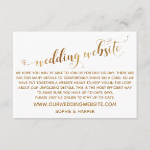 Gold Hearts Script on White Wedding Website Enclosure Card