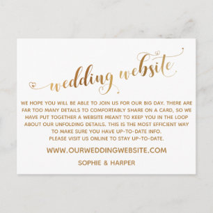 Gold Hearts Script on White Wedding Website Postcard