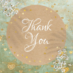 Gold Hearts Script Thank You Rustic Kraft Boho Classic Round Sticker