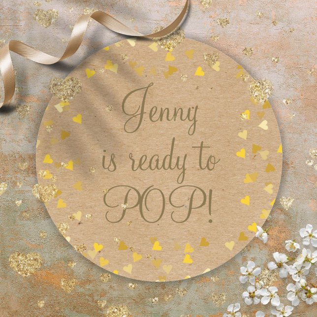 Gold Hearts She's Ready to Pop Baby Shower Favour Classic Round Sticker (Gold Hearts She's Ready to Pop Baby Shower Favor Classic Round Sticker)