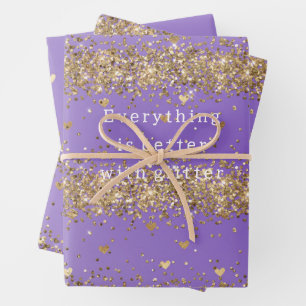 Gold Hearts Sparkle Purple Glitter Birthday Wrapping Paper Sheet