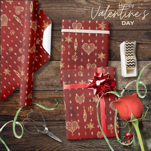 Gold hearts stars on Red Valentine's Wrapping Paper (Gold hearts stars on Red Valentine's Wrapping Paper )