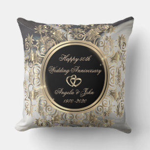 Gold Hearts Swirls Marble 50th Wedding Anniversary Cushion