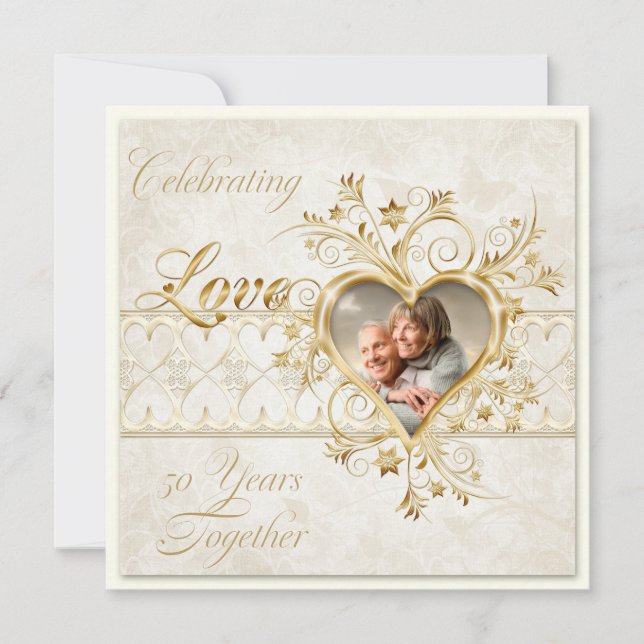 Gold Hearts Swirls Photo 50th Wedding Anniversary Invitation (Front)