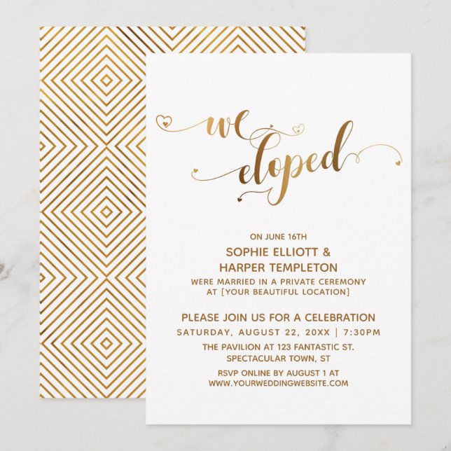 Gold Hearts We Eloped Post-Wedding Celebration Invitation (Front/Back)