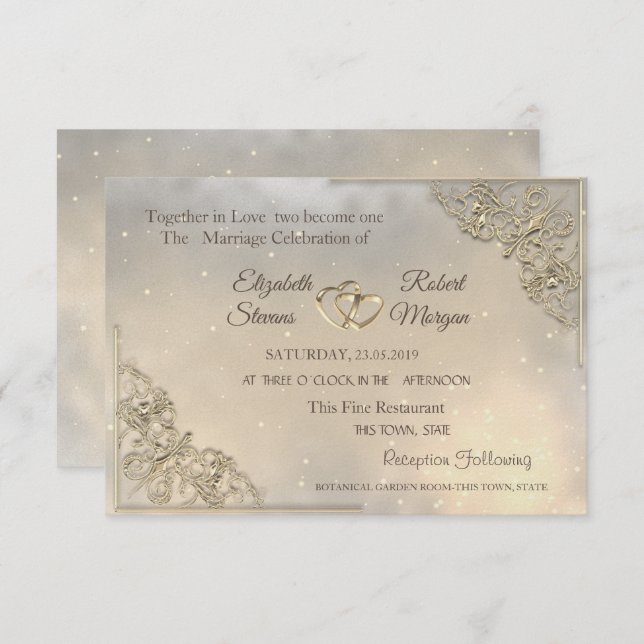 Gold Hearts Wedding & Registry Invitation (Front/Back)