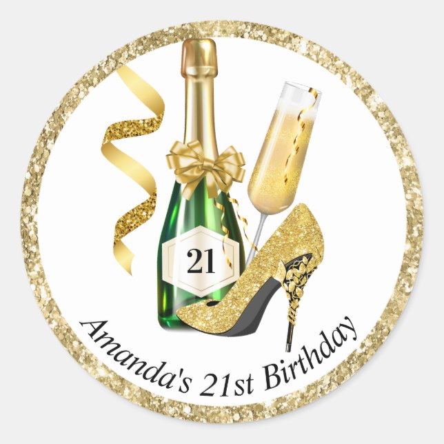 Gold Heels and Champagne Women's Birthday Classic Round Sticker (Front)