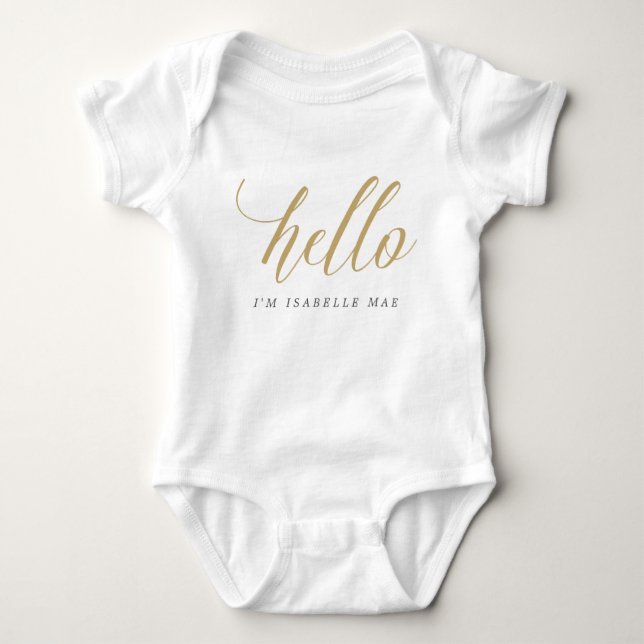 Gold Hello Personalised Name Baby Bodysuit (Front)