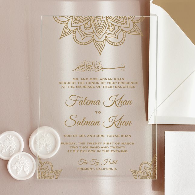 Gold Henna Mehndi Islamic Muslim Wedding Acrylic Invitations (Creator Uploaded)