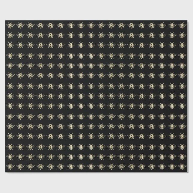 Gold Heraldic Vintage Honey Bee Black  Wrapping Paper (Flat)