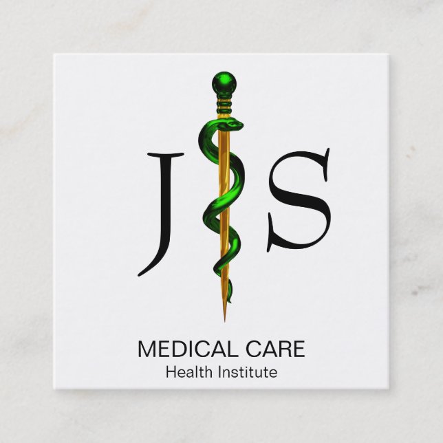 Gold Herbal Green Rod of Asclepius Medical Square Business Card (Front)