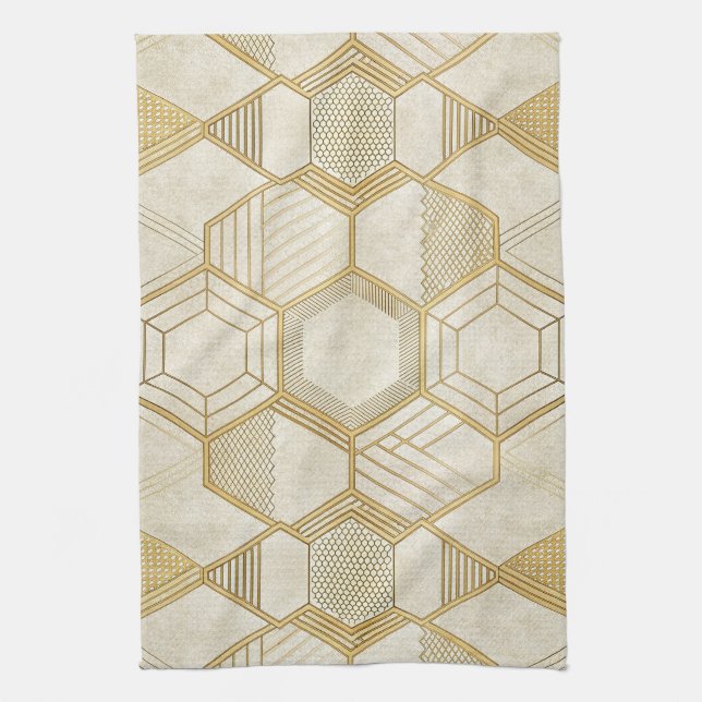 Gold Hexagon Geometric Cream Marble Pattern Tea Towel (Vertical)