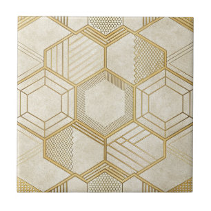 Gold Hexagon Geometric Cream Marble Pattern Tile