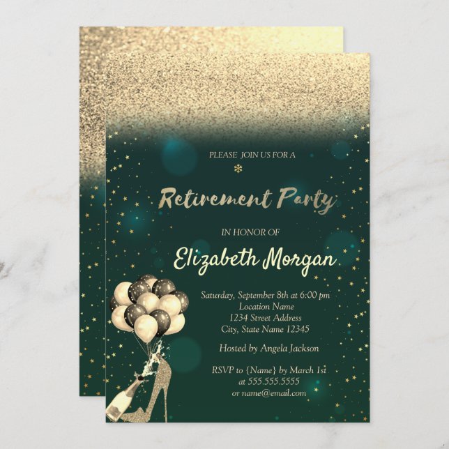 Gold High Heel Balloons Green Glitter Retirement  Invitation (Front/Back)