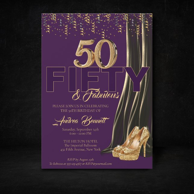 Gold High Heel Elegant Purple 50 Fabulous Birthday Invitation (Gold Purple 50th birthday invitation high heels)