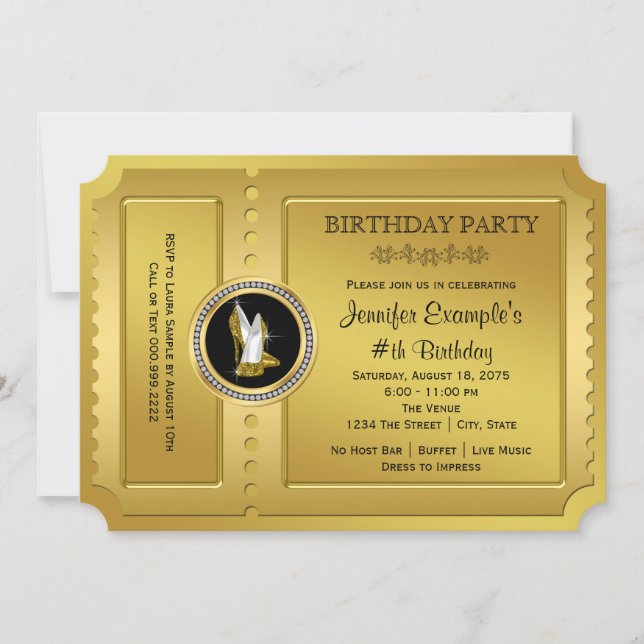 Gold High Heel Shoe Golden Ticket Birthday Party Invitation (Front)