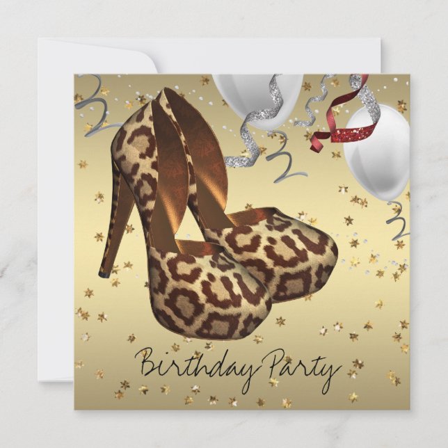 Gold High Heel Shoes Womans Leopard Birthday Party Invitation (Front)