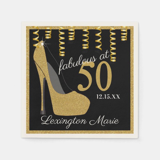 Gold High Heeled Shoe Birthday Party With Age Napkin (Front)