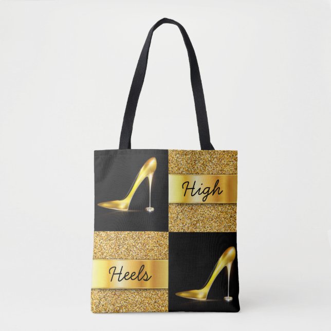 Gold High Heels Diamond Rings Glitter Design Tote Bag (Front)