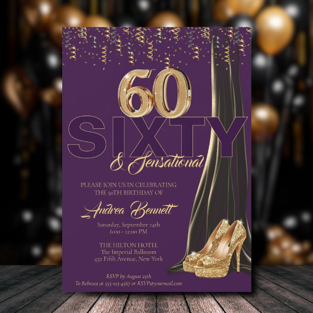 Gold High Heels Elegant 60th Sensational Birthday Invitation (Navy gold 60th birthday high heels sixty)