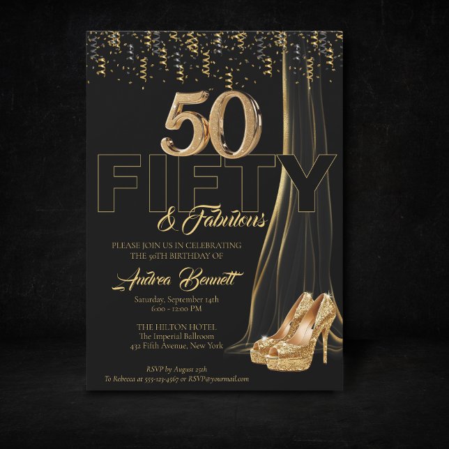 Gold High Heels Elegant Black 50 Fabulous Birthday Invitation (50th birthay gold high heels elegant and luxury celebration.)