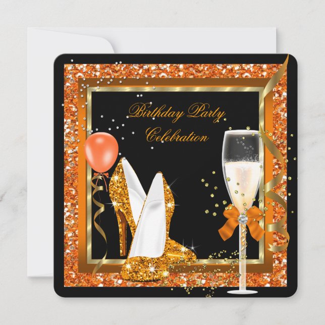 Gold High Heels Glitter Orange Birthday Black Invitation (Front)