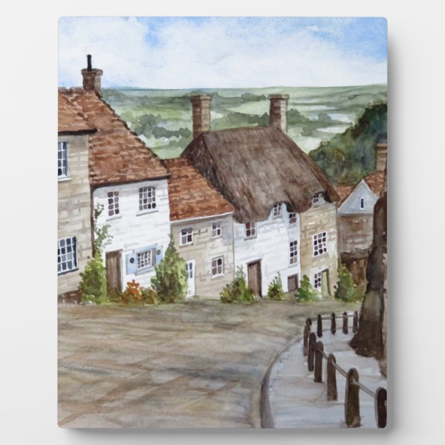 Gold Hill, Shaftesbury, Dorset Watercolor Painting Plaque (Front)